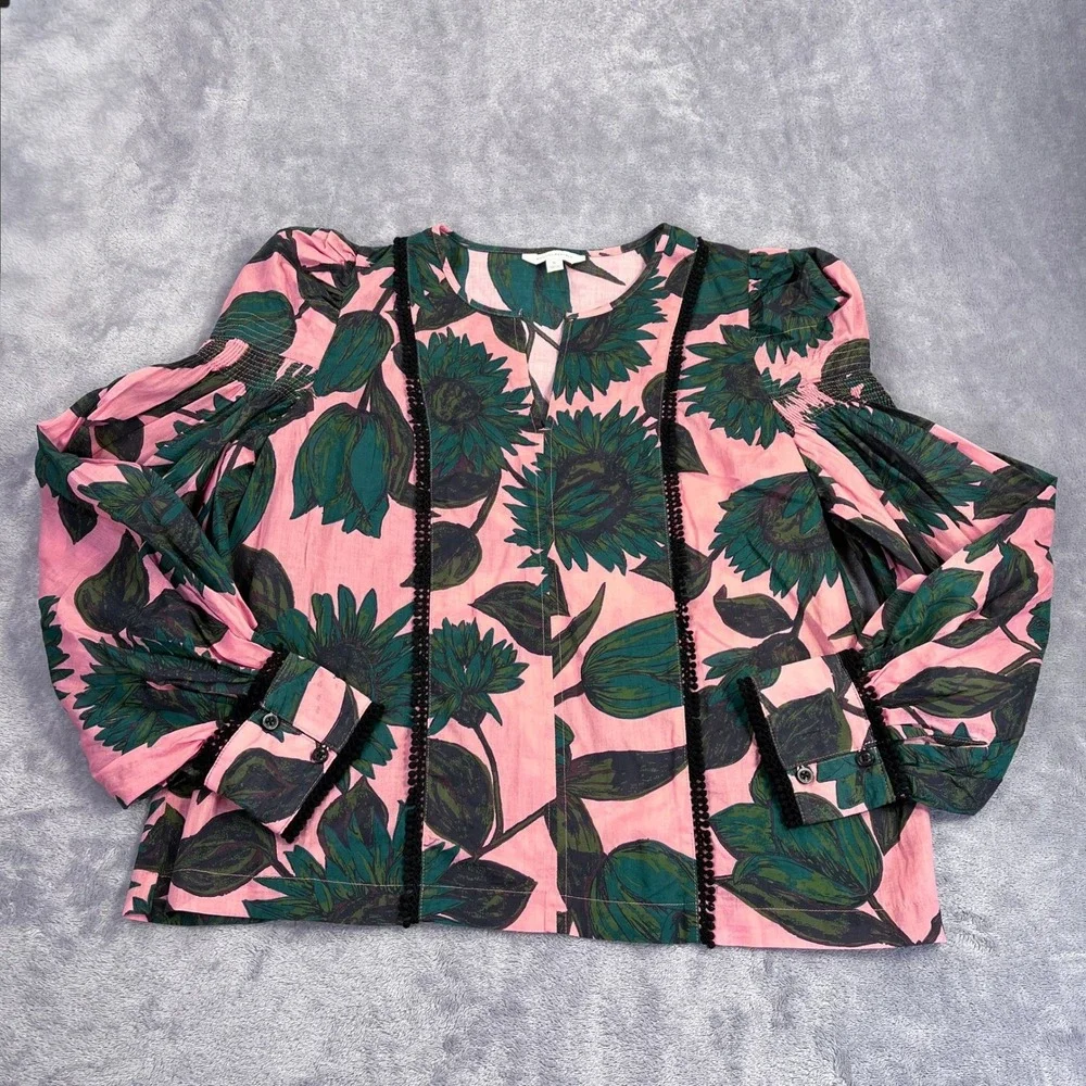 BR Floral Puff Sleeve Statement Blouse S Pink Green Romantic Victorian Inspired
